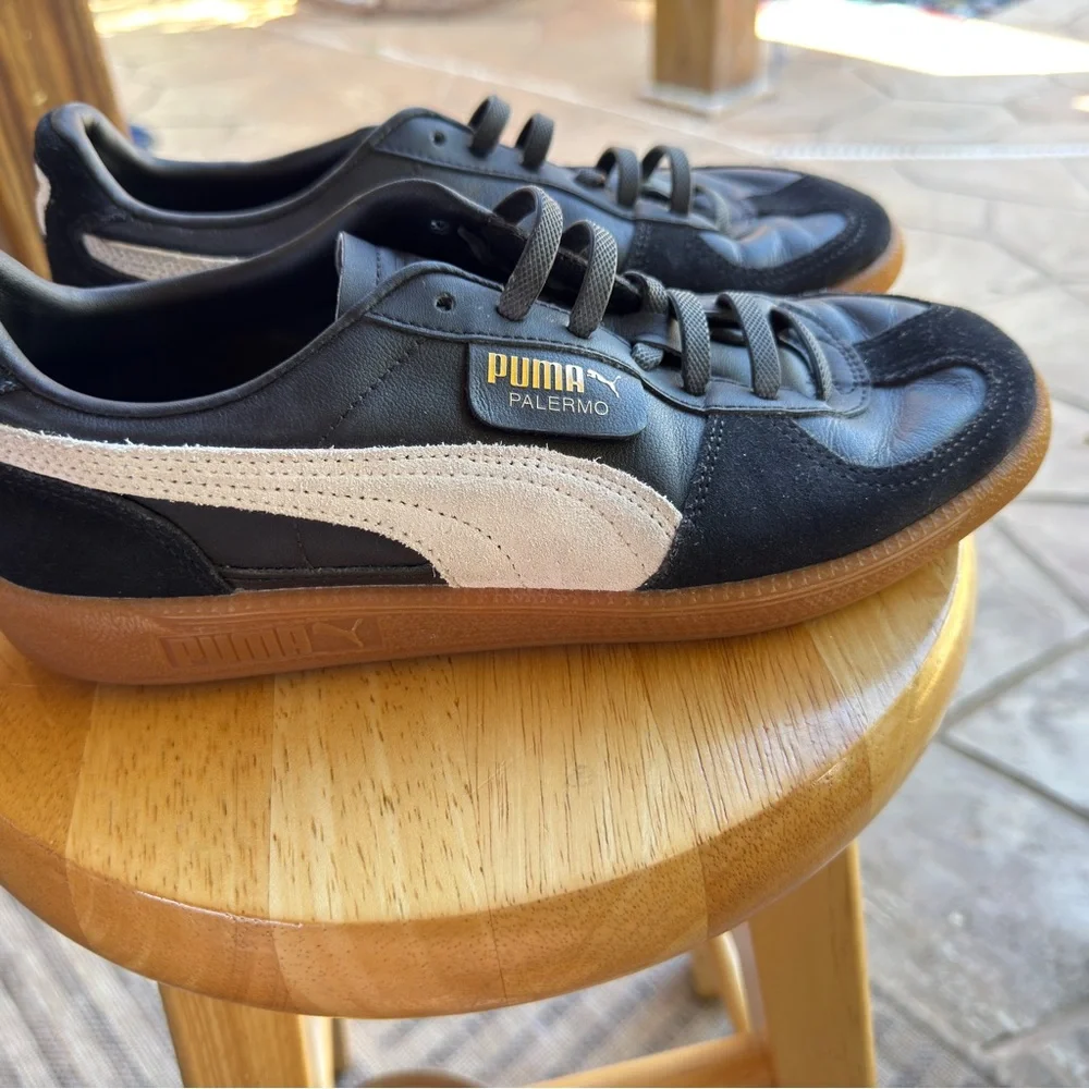 Puma Palermo Black &‎ White Leather Sneakers with Gum Sole